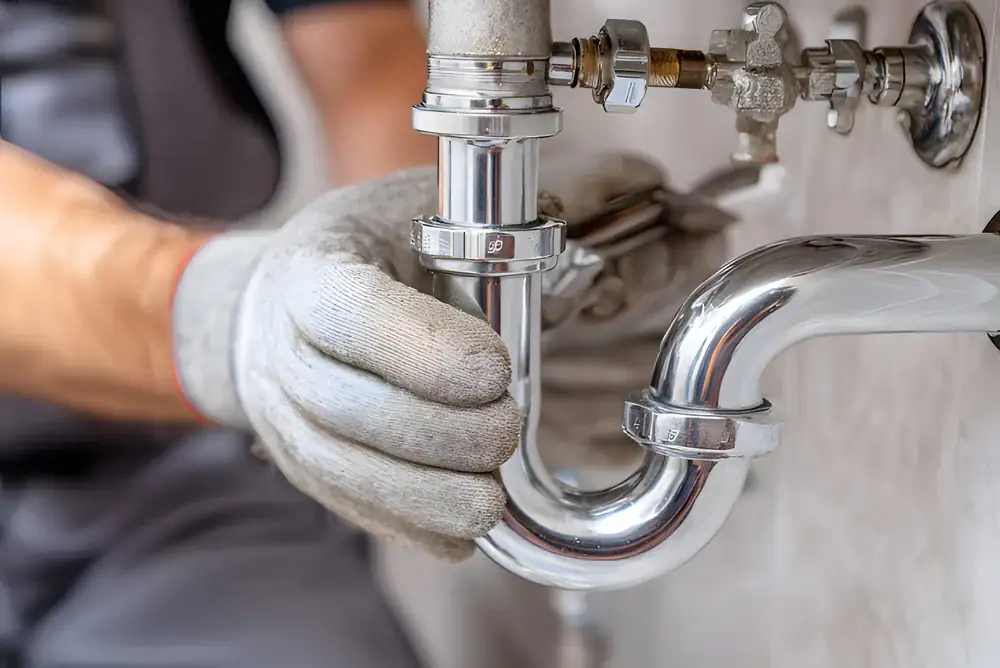 A gloved plumber's hand tightening a chrome P-trap pipe fitting beneath a bathroom sink, with shut-off valves in the background—typical of quality service from Cooling Heating San Jose & Santa Clara County, CA.