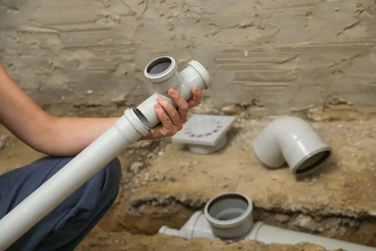 A person holds a white PVC pipe and connector over an unfinished floor with exposed plumbing, surrounded by other pipe fittings and dirt.