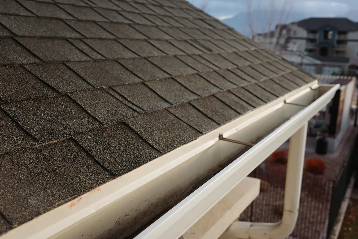 Close-up view of a house roof with asphalt shingles and a white, empty rain gutter attached along the edge, with part of a residential neighborhood visible in the blurred background.